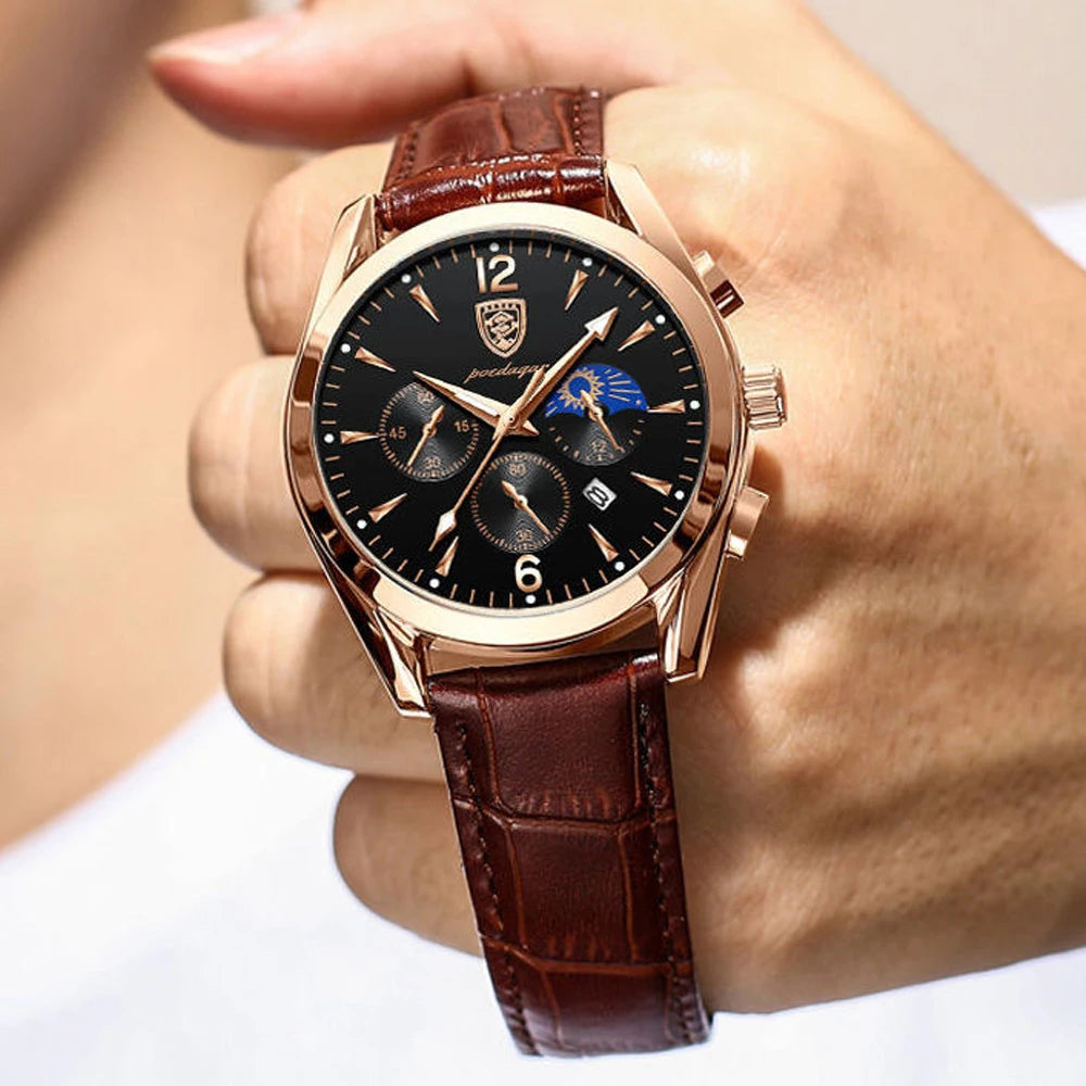 POEDAGAR Men Watch Top Brand Luxury Men's Wristwatch Leather