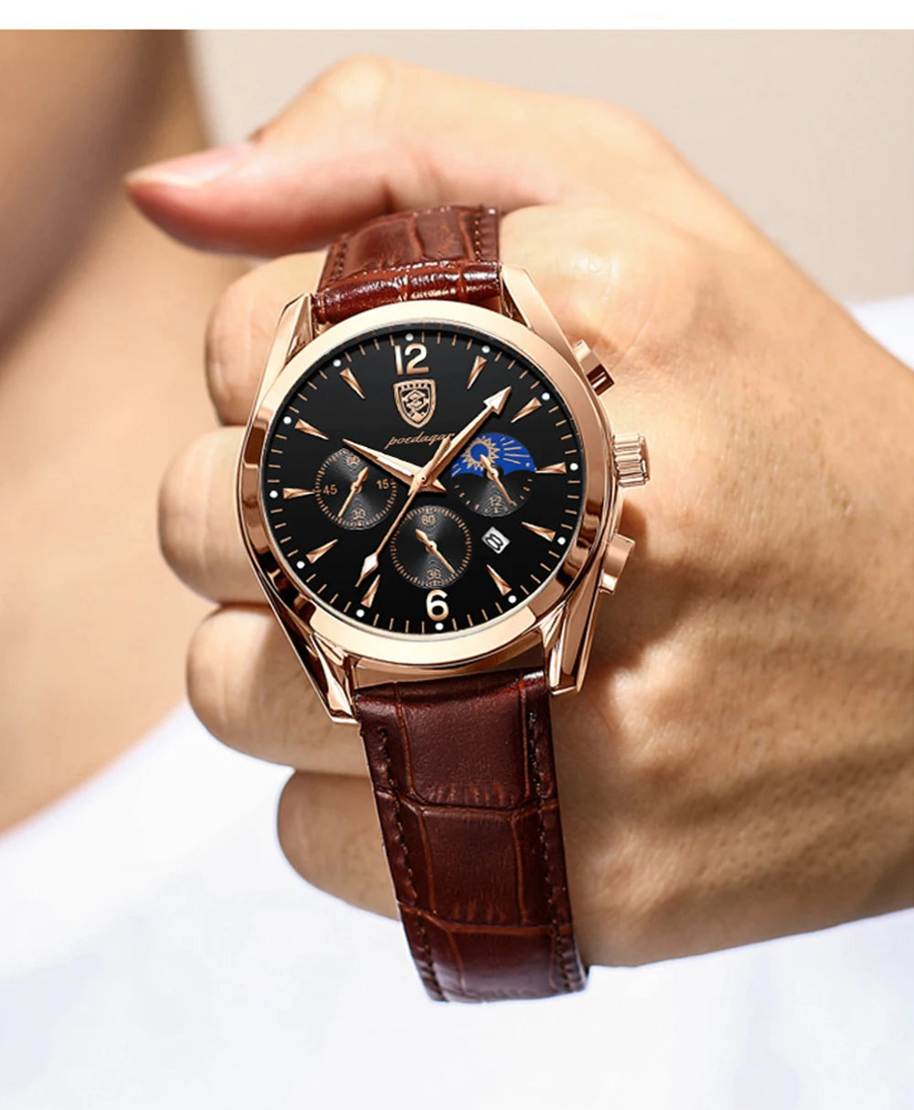 POEDAGAR Men Watch Top Brand Luxury Men's Wristwatch Leather