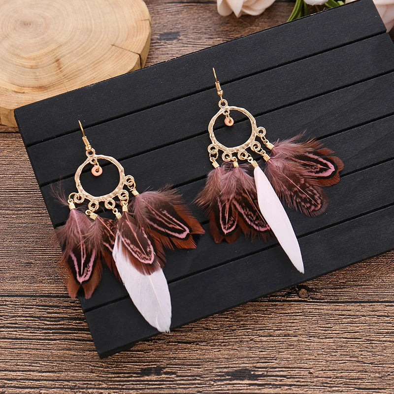 Bohemian Ethnic Round Green Rice Bead Feather Earrings for Women