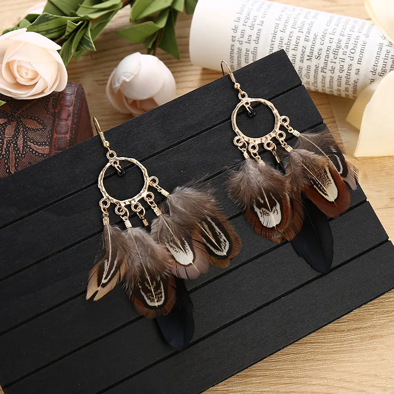 Bohemian Ethnic Round Green Rice Bead Feather Earrings for Women