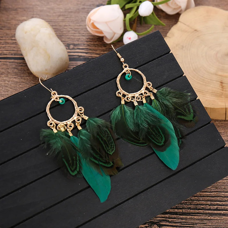 Bohemian Ethnic Round Green Rice Bead Feather Earrings for Women