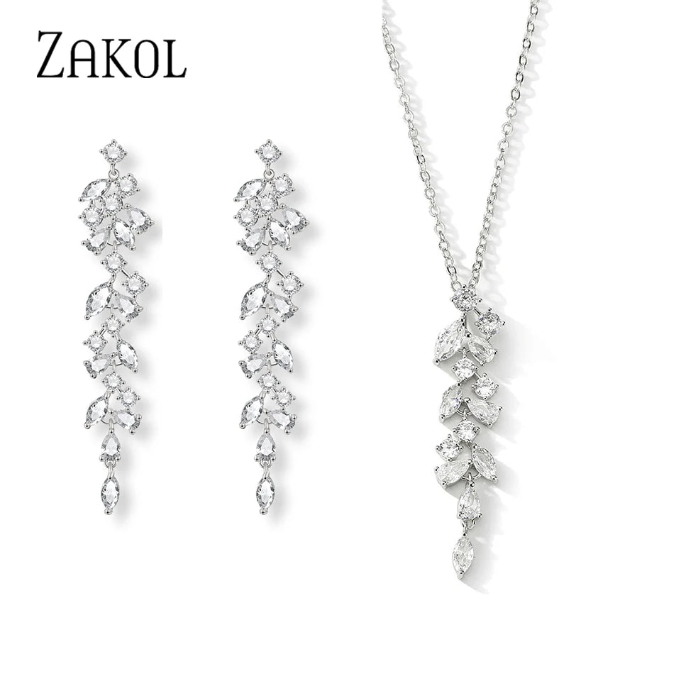 ZAKOL Classic AAA Cubic Zirconia Tassel Leaf Pendant Necklaces for Women