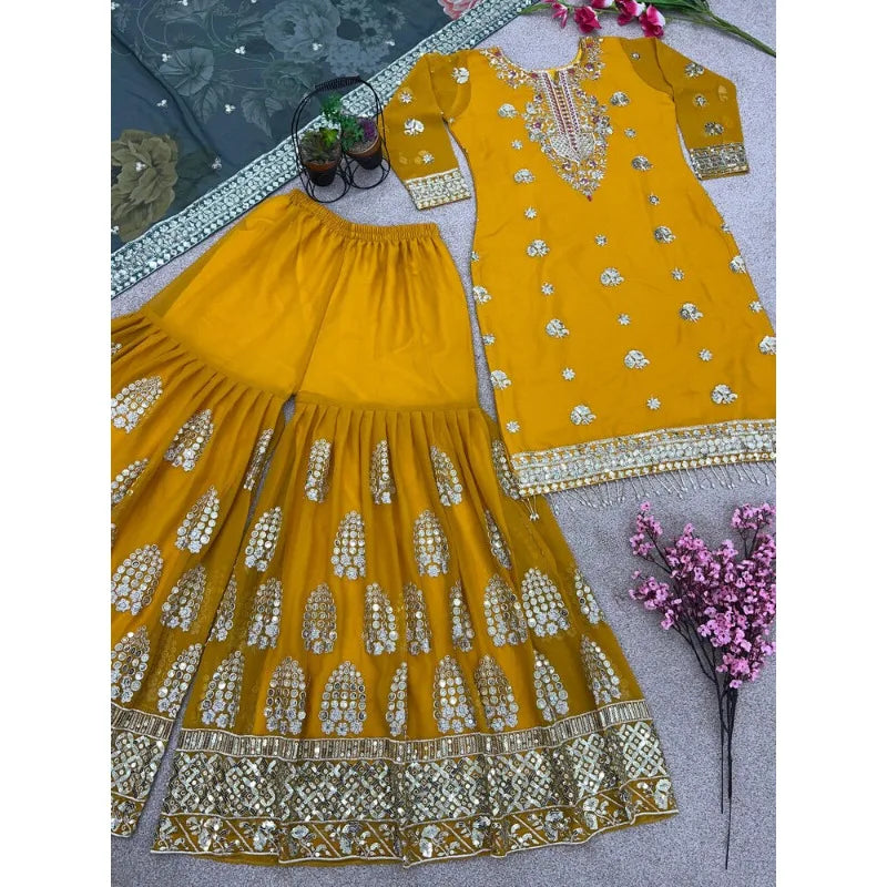 Yellow Silk Embroidery Work Full Sleeves Kurta Flared Sharara Dupatta, Pakistan