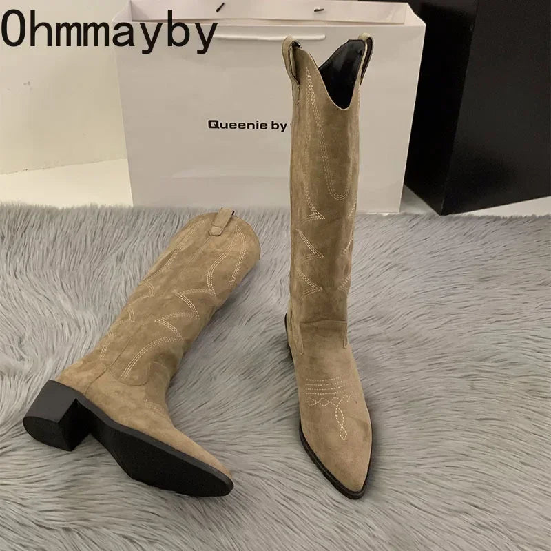 Women Cowboy Boots Fashion Square Low Heel Ladies