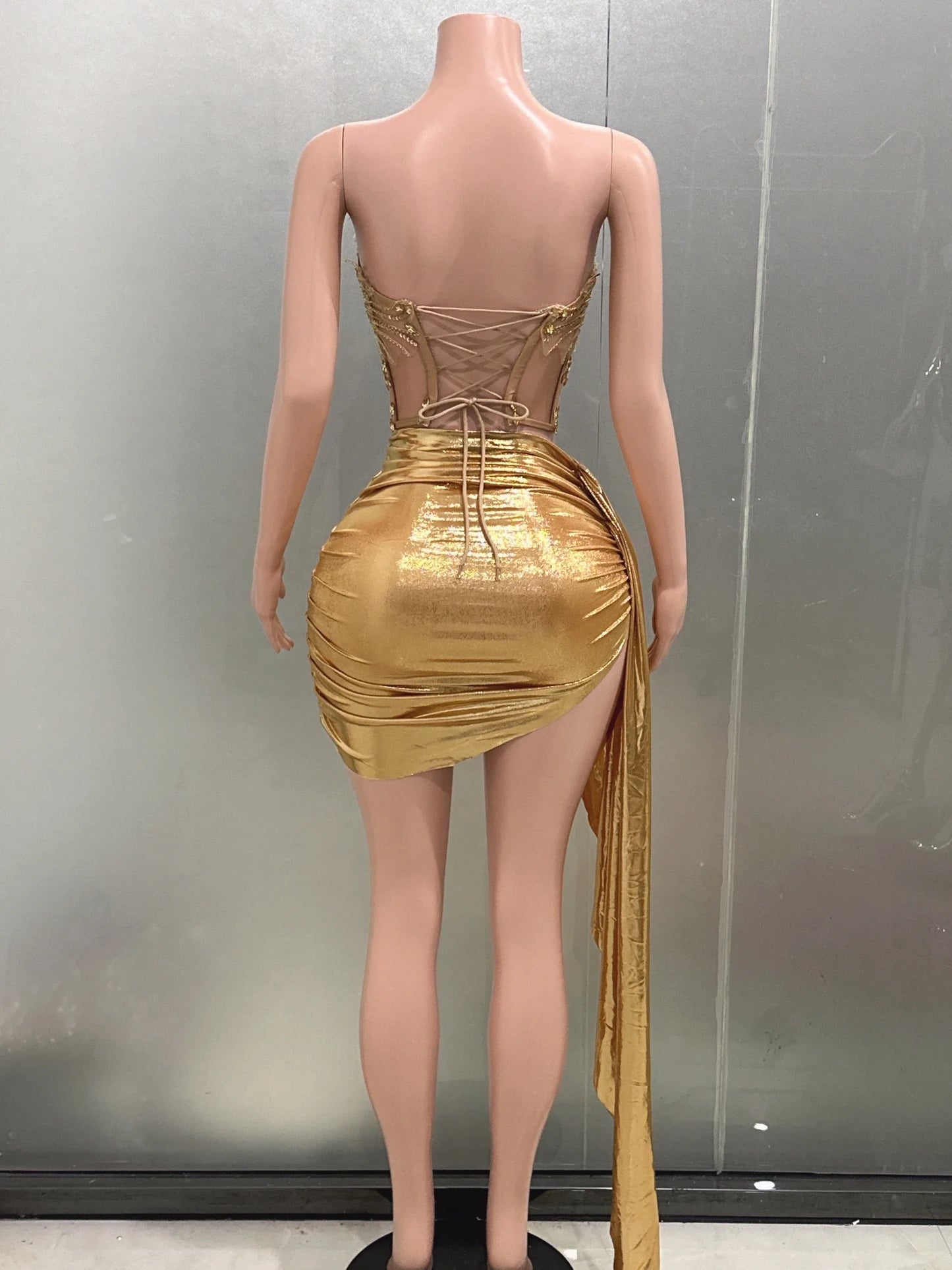 Gold Color Women Sexy 2 Pieces Strapless Bodycon Mini Dress