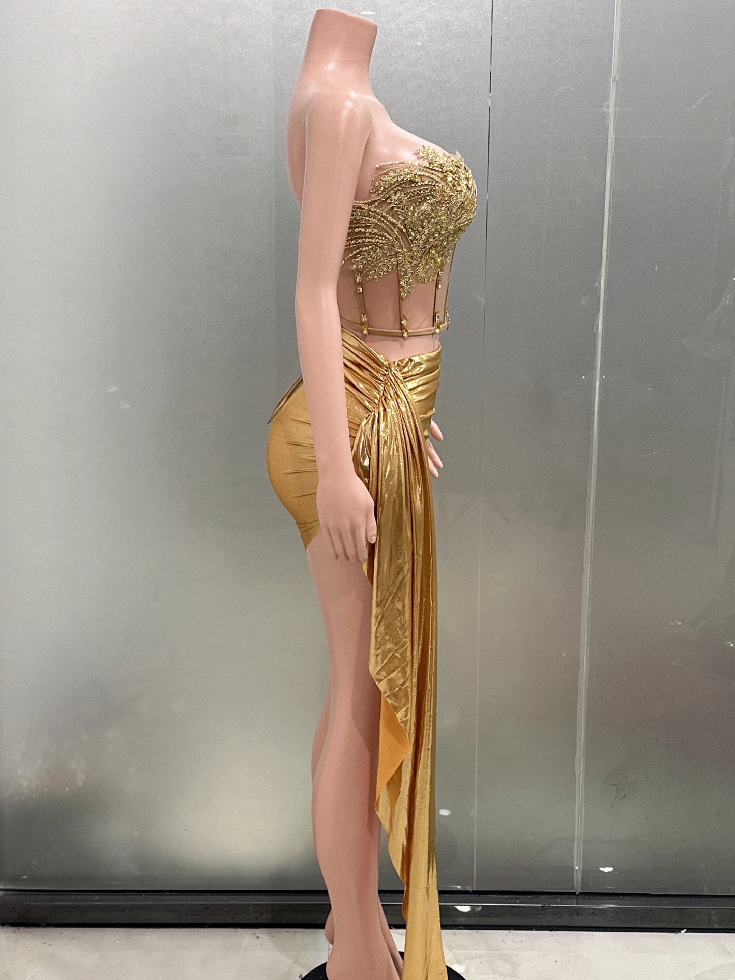 Gold Color Women Sexy 2 Pieces Strapless Bodycon Mini Dress