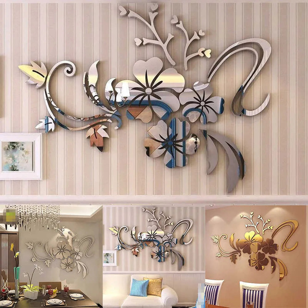 3D Mirror Wall Sticker Flower Art Removable