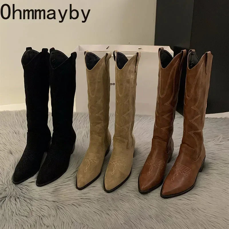 Women Cowboy Boots Fashion Square Low Heel Ladies