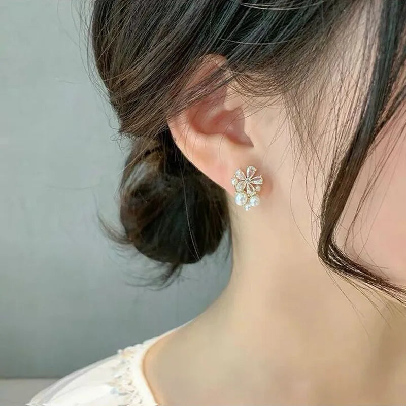 Korean Simple Zircon Imitation Pearl Stud Earrings For Women