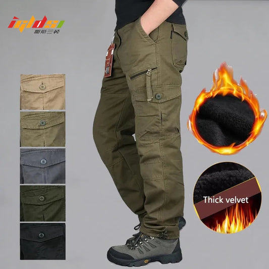 Winter Fleece Lining Cargo Pants Men Thick Warm Baggy Cotton