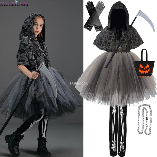 Halloween Grim Dresses Horror Death Cosplay Black Cloak Costume kids