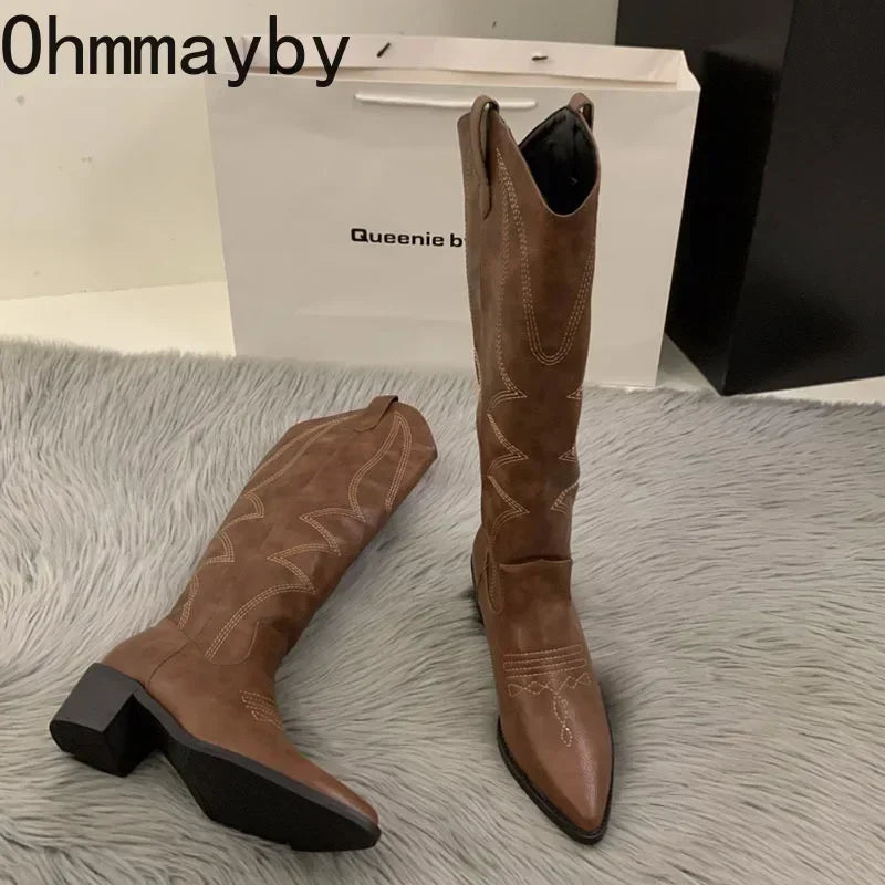 Women Cowboy Boots Fashion Square Low Heel Ladies