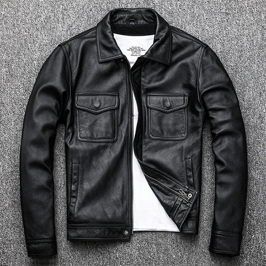 Free Shipping.7XL Genuine Leather jacket.Winter casual black