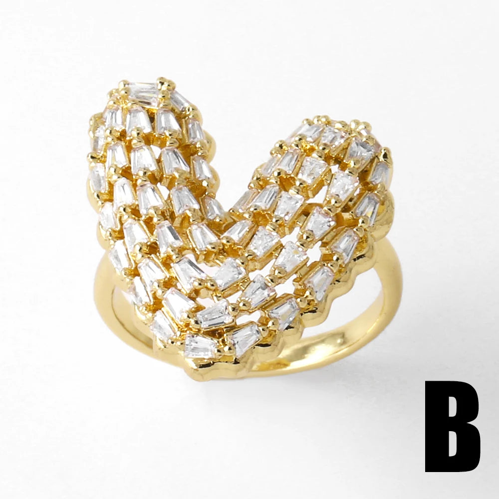 OCESRIO Trendy White Crystal Heart Statement Rings for Women