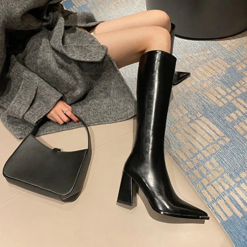 Pointed Toe Women High Boots Fashion Side Zippers Long Booties