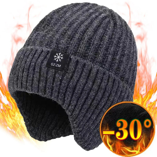 Outdoor Men Winter Knitted Hat Plush Warmth Peaked Cap Earmuff