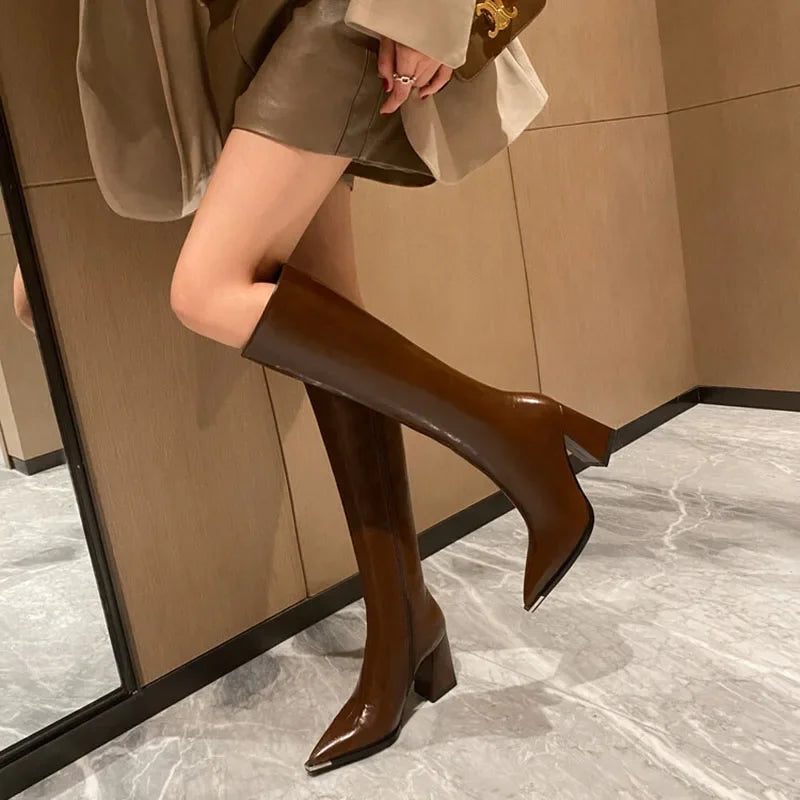 Pointed Toe Women High Boots Fashion Side Zippers Long Booties