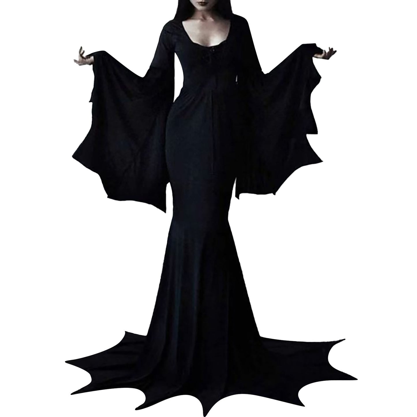 Witchy Costume Morticia Addams Wednesday Train Floor Dress Women